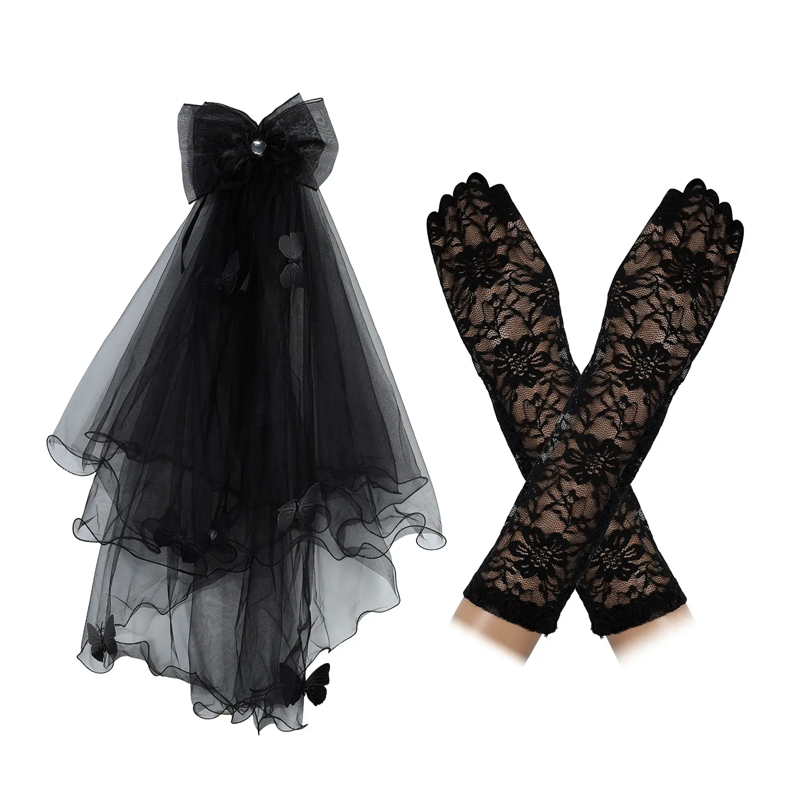 Women's 2-Piece Mesh Black Veil & Gloves Set - Gothic Bridal Veils Accessory for Wedding Ceremony, Halloween, A Black Veil, A Pair Of Gloves
