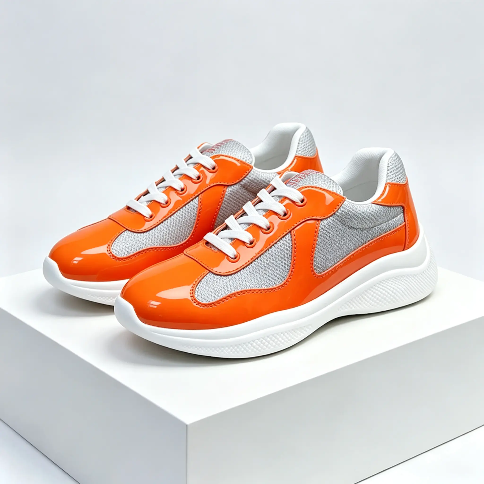 Men Bright Orange Patent Leather Accent Grey Mesh Panel Platform Sneakers White Cushioned Thick Midsole White Flat Laces Breathable Mesh Low Top Lace Up Casual Trainers for Business Commuting Daily Walking Street Fashion Outfit Matching
