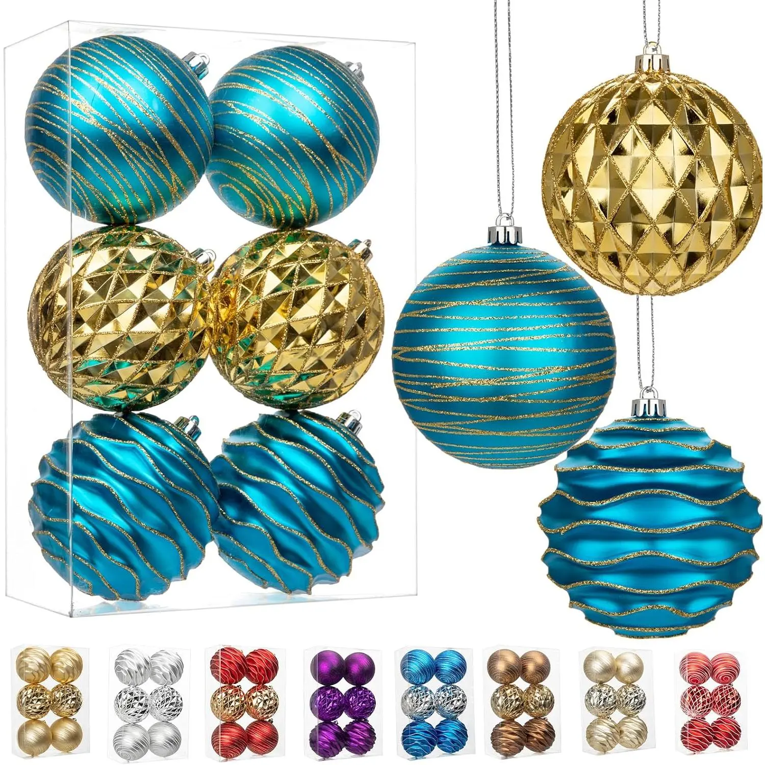4.3" Large Christmas Balls Ornaments Set of 6, Shatterproof Plastic Ornaments for Xmas Tree Decorations, Blue and  Christmas Tree Bulbs Ornament for Mantel Garland Centerpieces, Xmas, Winter Decor