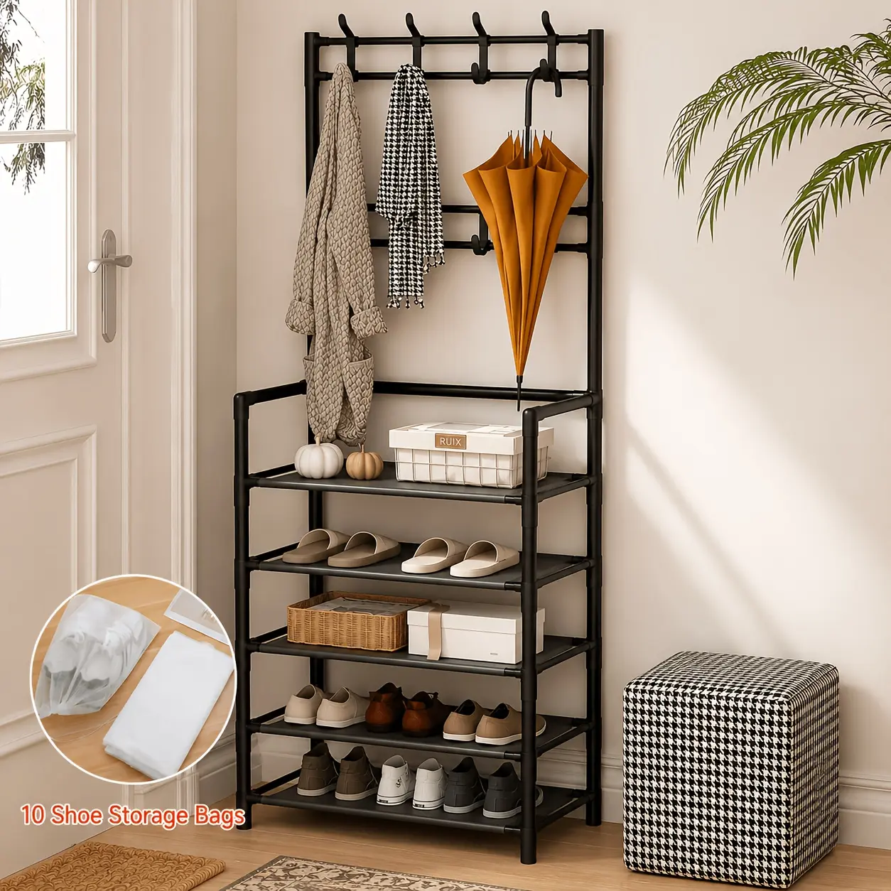 Multifunctional Organizer Storage Rack - 3-Tier/5-Tier Plastic/Fabric Home Organizers, Multi-Shoe Standing Shelf Units with 10 Shoe Bags for Entryway & Living Room