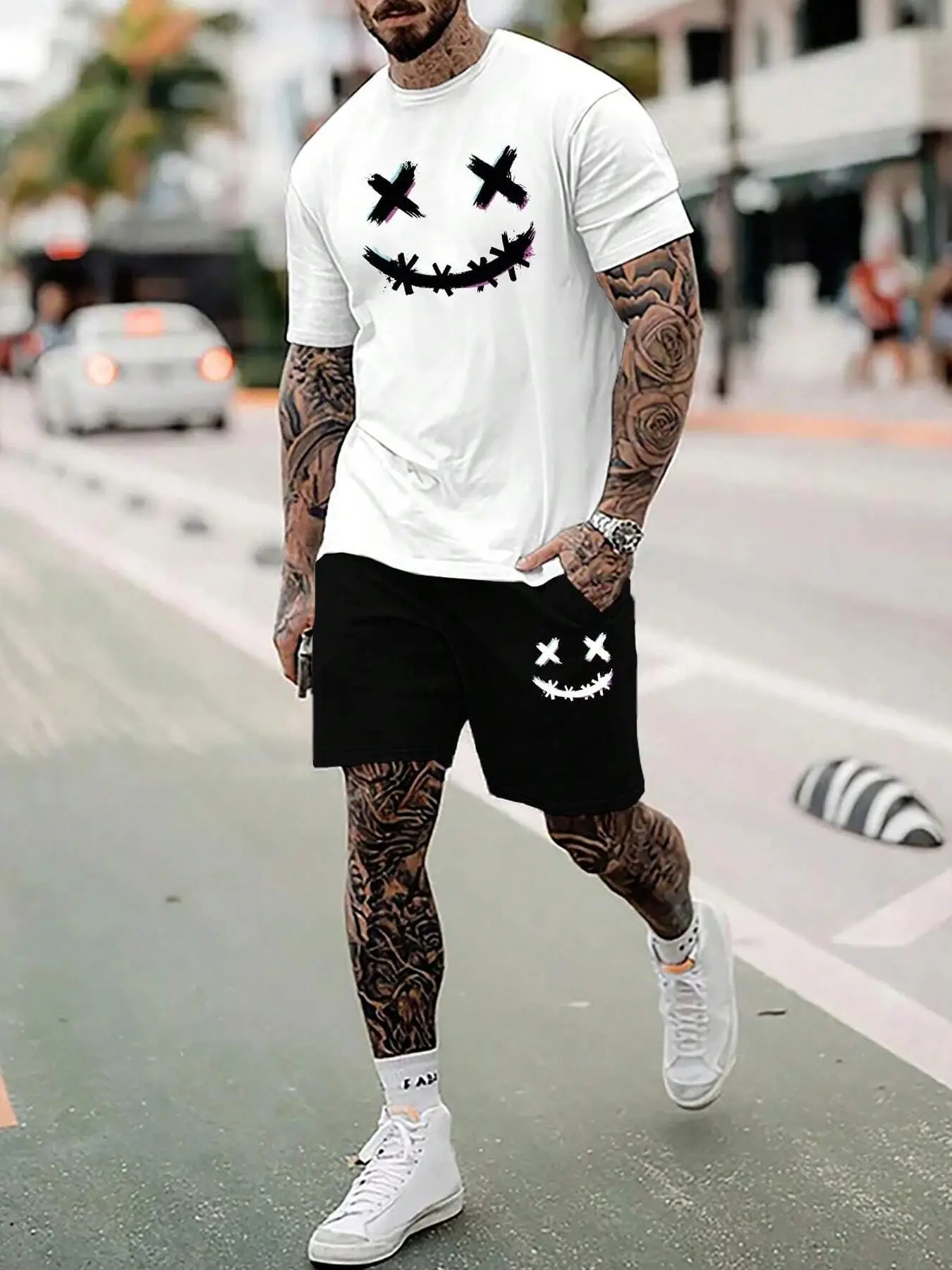 Men's Round Neck Graphic Tee & Drawstring Shorts Set, Regular Fit Crew Neck Short Sleeve T-shirt & Elastic Waist Track Shorts, Men's Two-piece Outfits