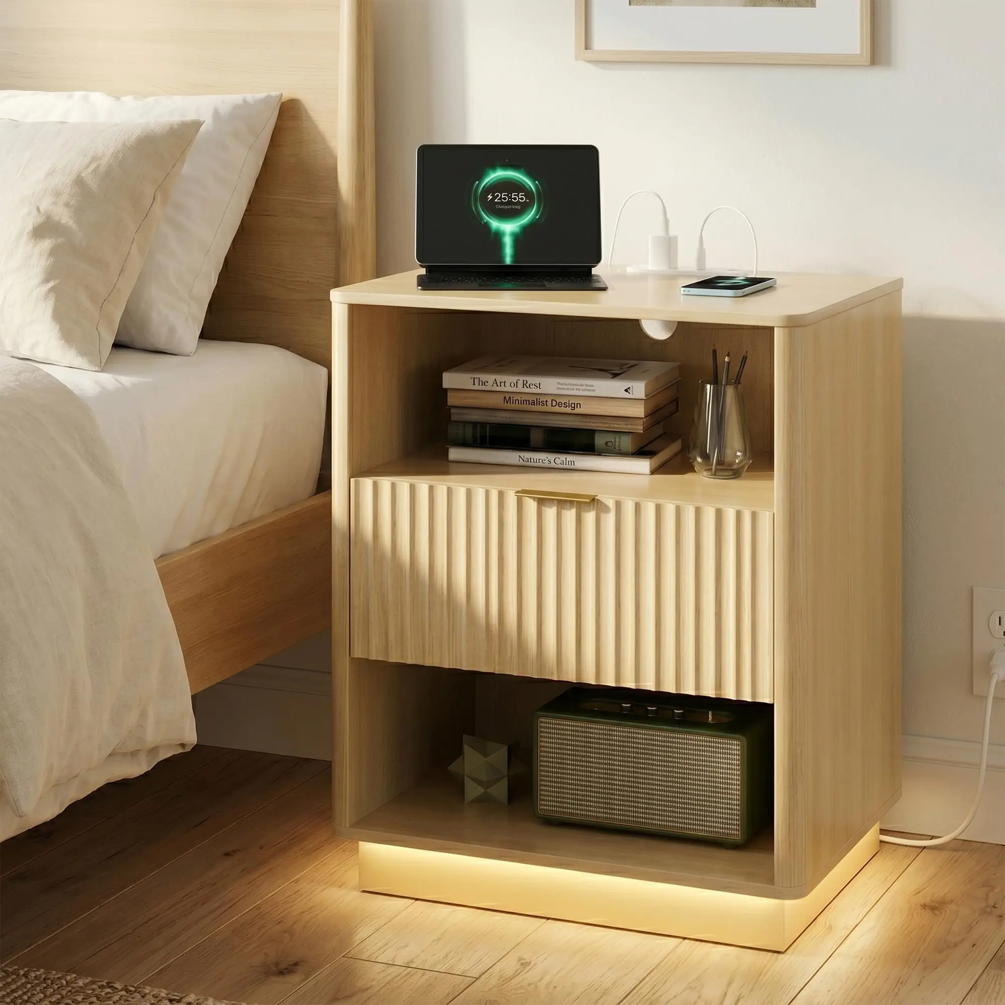 Mid-Century Nightstand – Fluted Bedside Table with Charging Station & LED Light – Drawer, 20x15.7x24" – Natural Light Oak – Bedroom, Living Room