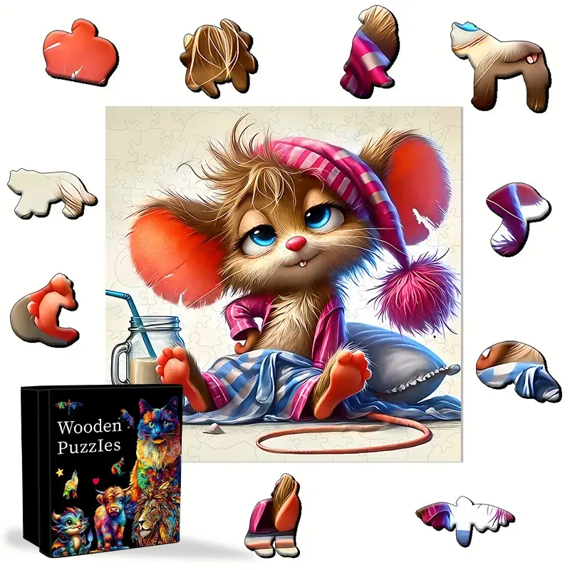 Color Pajama Mouse Jigsaw Puzzle, Fantasy Fairytale, Unique Shape Animal, Colorful Mix, Adult & Family Challenge, Holiday Gift, Halloween Gift