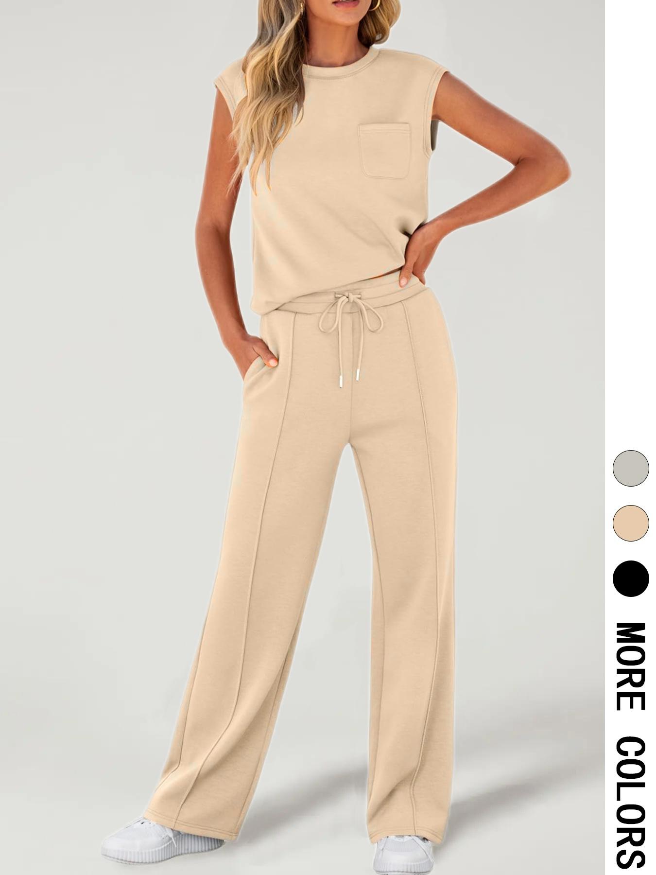 Women's Solid Fitted Tank Top with Pockets & Drawstring Waist Pants Two-piece Set, Casual Sleeveless Round Neck Top & Trousers for Daily Wear, Ladies Two-piece Outfits for All Seasons, Clothes, Womenswear