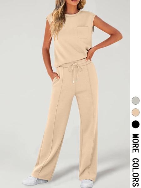 2 Piece Women's Sleeveless Casual Sports Set, Fashionable Wide Leg Athletic, Stylish Sportswear for Comfort, Athleisure Wear Set
