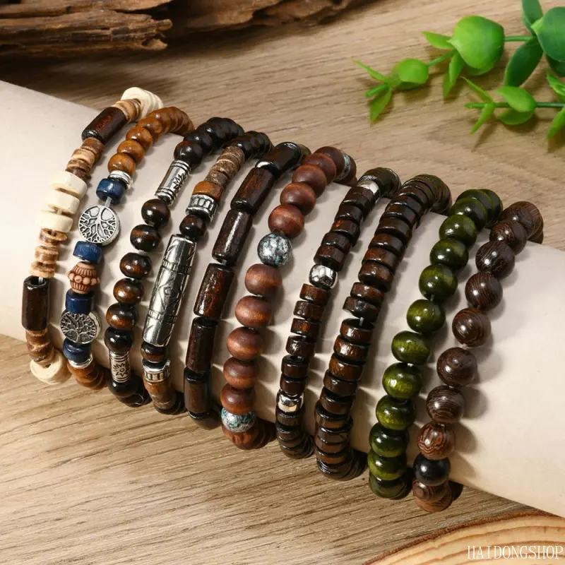 10Pcs Bohemian Wooden Beaded Bracelet Set, Stackable Unisex Bracelets for Women Men, Handmade Wood Bead Stack Bracelets, Boho Casual Daily Beach Vacation Jewelry  trendy fashion celestial gothic boho  anniversary religious faith gold-plated stylish