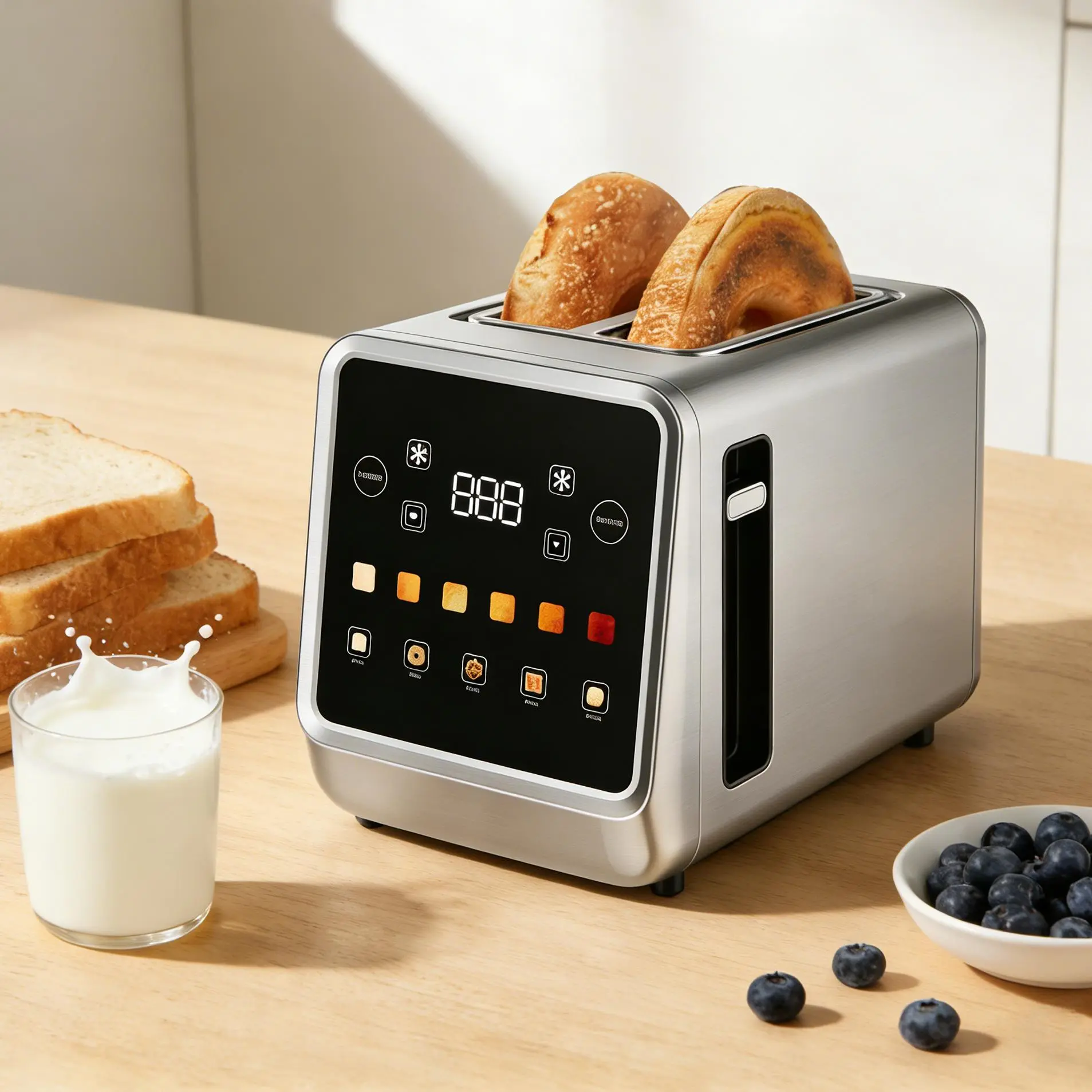 Stainless Steel Smart Touchscreen Double-Slot Toaster with Wide Slots, 6 Browning Settings (Browning Control), Modern Design, US Plug, Bagel, Defrost, Reheat, Cancel Functions, Crumb Tray, Power Cord Storage Compartment – Ideal for Small Kitchens