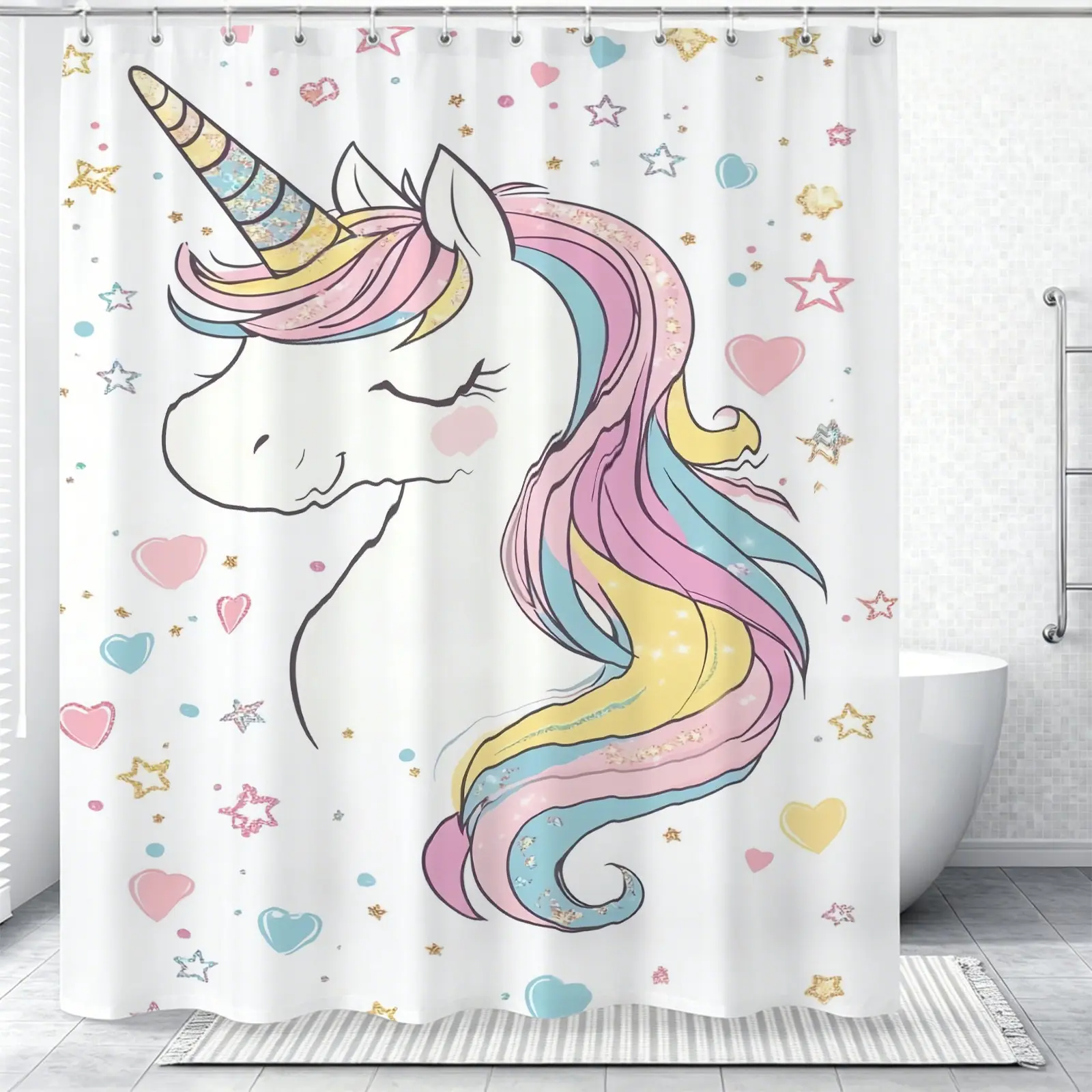 1 Piece Of Dreamy Cartoon Unicorn Printed Shower Curtain, Dreamy Girl Bathroom Decoration, Waterproof And Soft Fabric, Personalized Decoration For Dormitories And Bathrooms