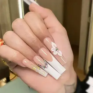 24Pcs False Nails Long Coffin Ballet French with Rhinestones Wearable Fake Nails Blue Flower Full Cover Press on Nails Tips Art