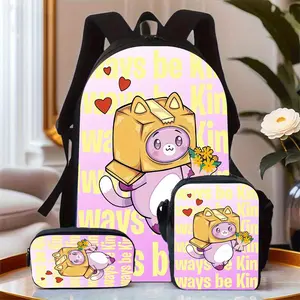 LankyBox purple paper box kitty heart pink plaid three-piece school bag set includes a backpack, insulated lunch bag, and stationery storage bag for daily use by teenagers