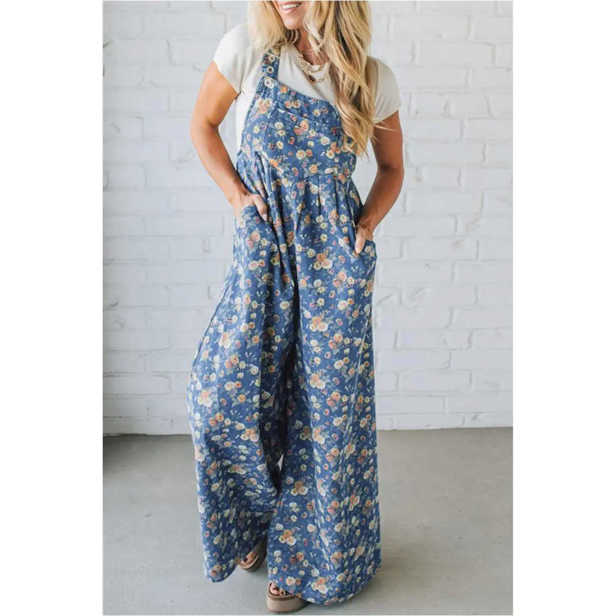 Blue Vintage Rose Printed Pleated Loose Denim Overall Jumpsuit Floral Womenswear Long Sleeve Sheer