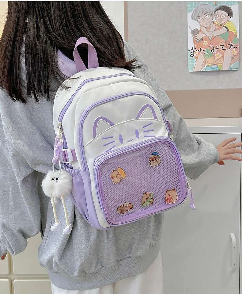 Y2K Cute Cat Ita Backpack Large Capacity Knapsacks Casual Girl Transparent DIY Display Rucksack Cartoon Trendy Travel Schoolbags