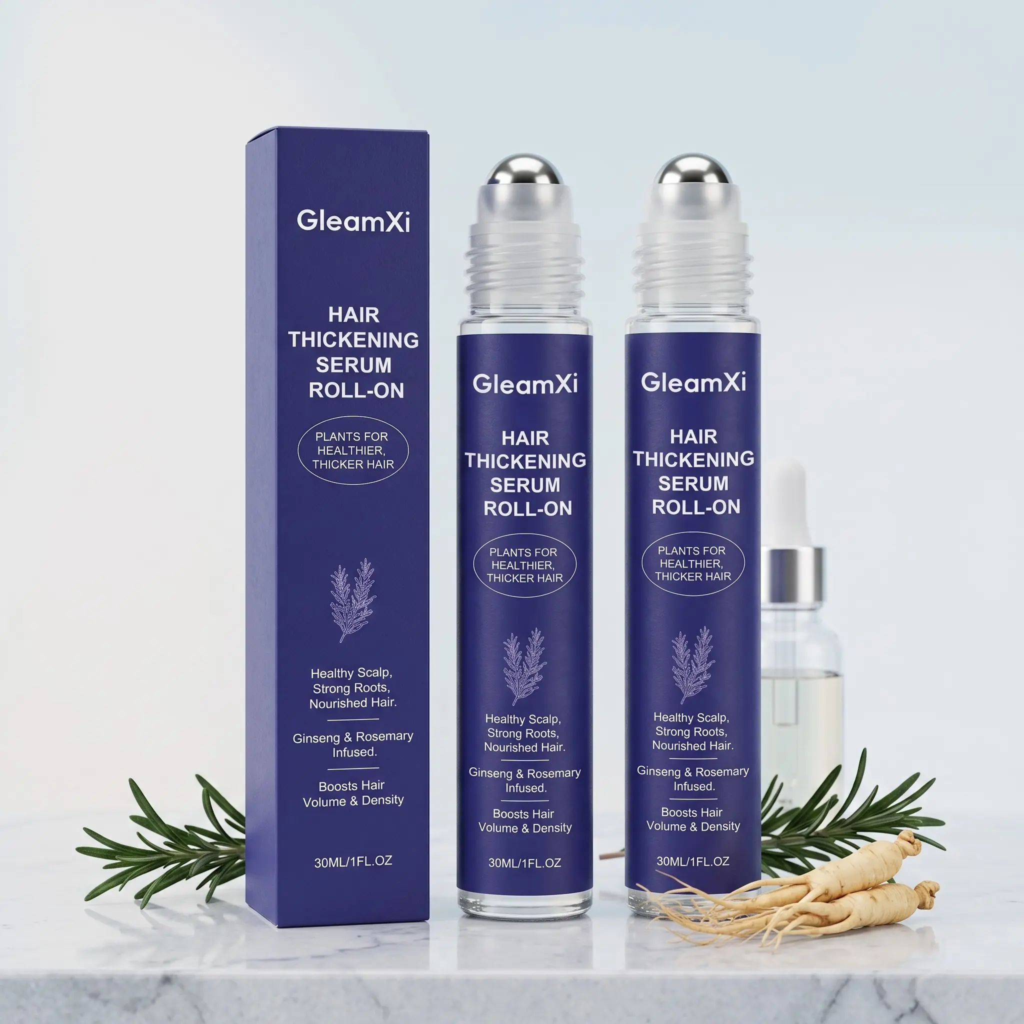 Plant-Based Hair Care Essence Roller Set (30ML*2), Rosemary & Ginseng Infused, Gentle Refreshing, Strengthens Root, Increases Volume and Density, Portable Hydrating Essence