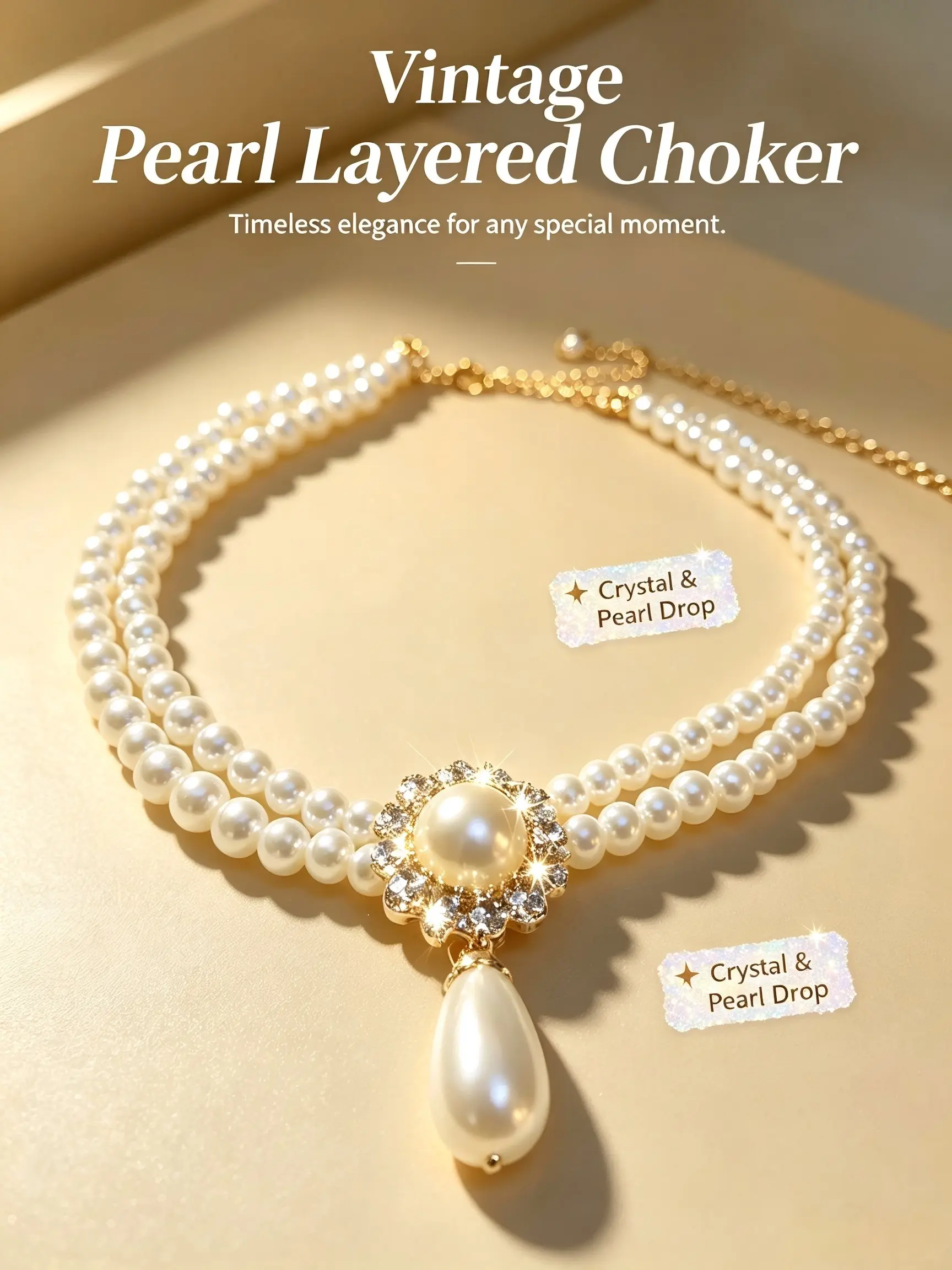Vintage Double Layer Pearl Choker Necklace for Women, Teardrop Pearl Pendant with Crystal Rhinestone, Adjustable Statement Jewelry