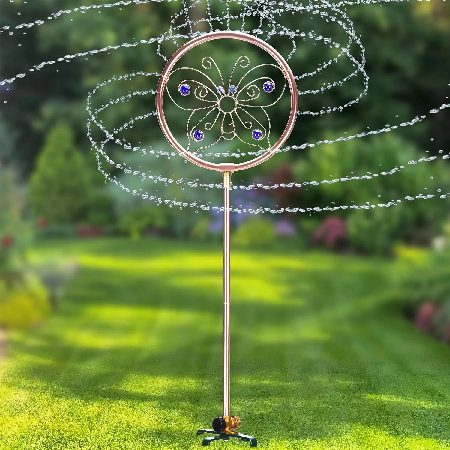 34" Tall Copper-Coated Stainless Steel Garden Sprinkler, 360° Rotating Decorative Ornamental Sprinkler for Lawn, Yard & Landscape Watering (Butterfly)