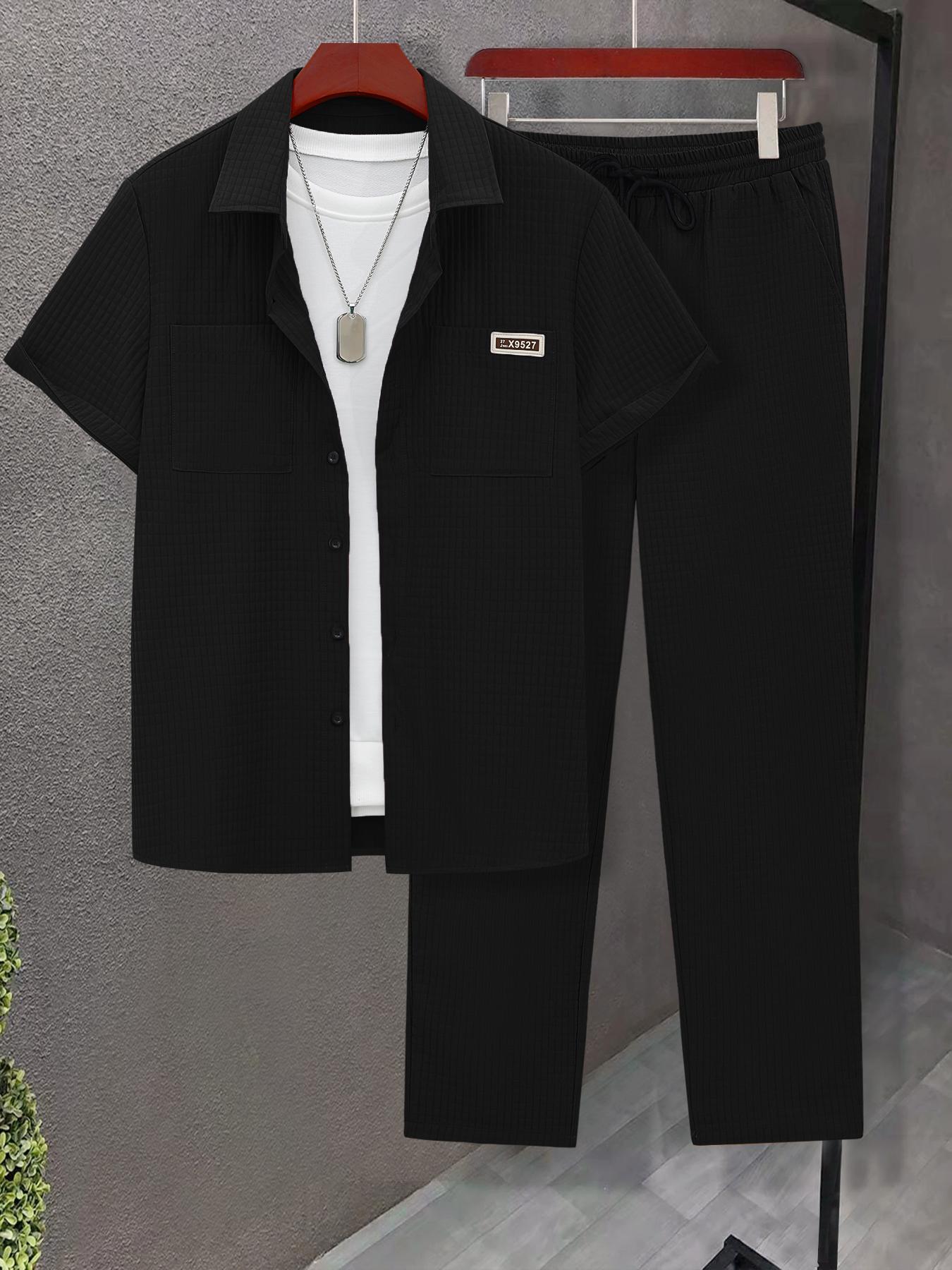 Men's Solid Button Front Shirt & Drawstring Waist Pants Set without Inner Top, Regular Fit Casual Short Sleeve Collared Top & Pocket Trousers, Men's Summer Clothes, Matching Clothing Set