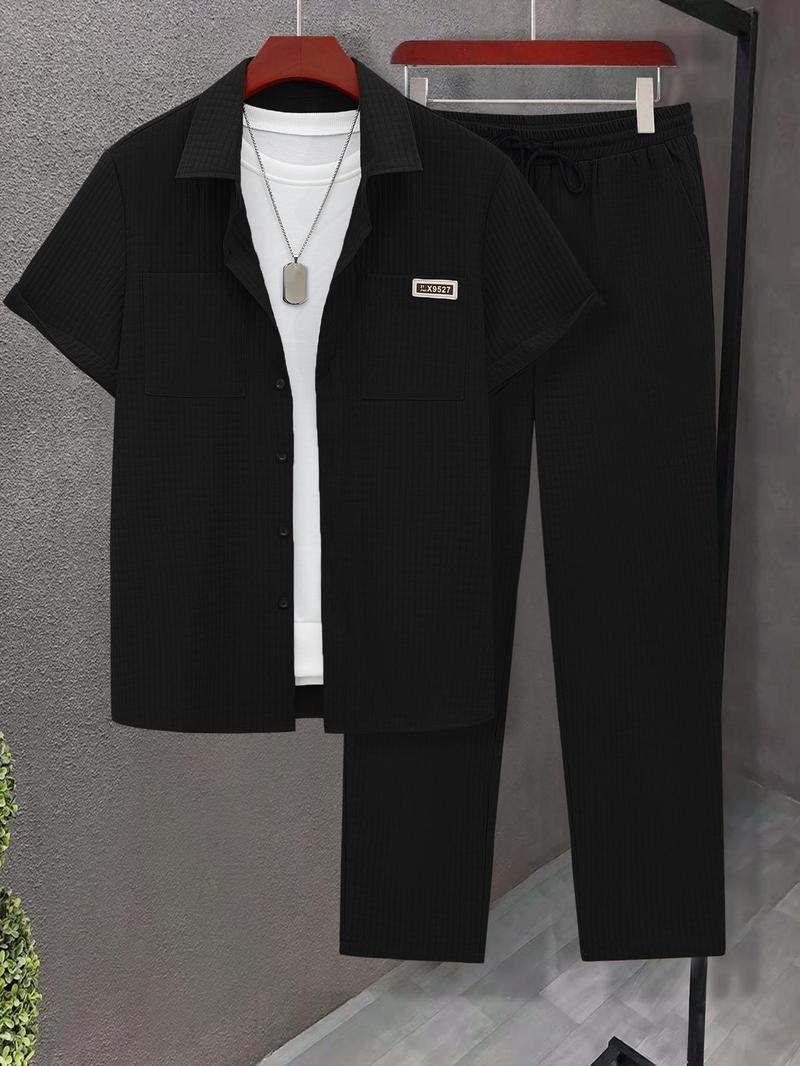 Men's Solid Button Front Shirt & Drawstring Waist Pants Set without Inner Top, Regular Fit Casual Short Sleeve Collared Top & Pocket Trousers, Men's Summer Clothes, Matching Clothing Set