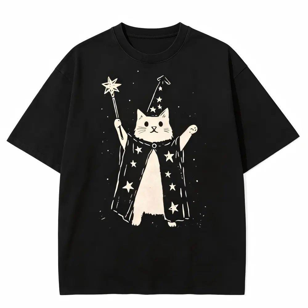 Vintage T-Shirts with Wizard Cat Graphic, Oversized Casual Soft Cotton Top for Men & Women