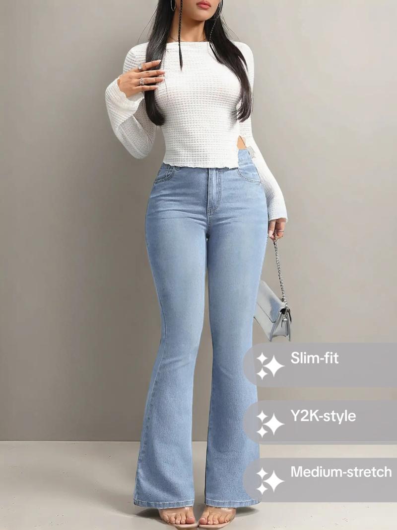 Gilipur Y2k Women's High Waist Flare Leg Jeans, Casual Button Fly Pocket Design Bell Bottom Denim, Women's Bottoms for Daily Wear, Fashionable and Versatile Women's Everyday