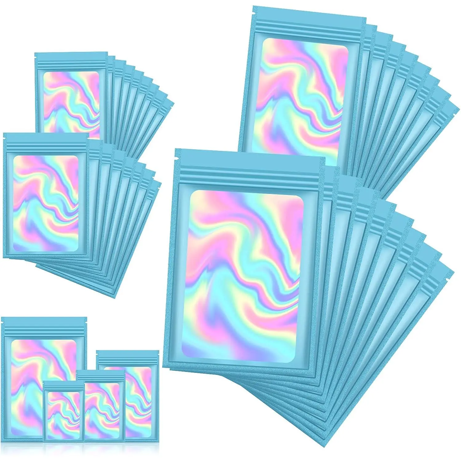 120 count Smell Proof Mylar Bags Resealable Odor Proof Bags Holographic Packaging Pouch Bag with Clear Window for  Storage Eyelash  Candy Electronics Storage, 4 Sizes,BLUE