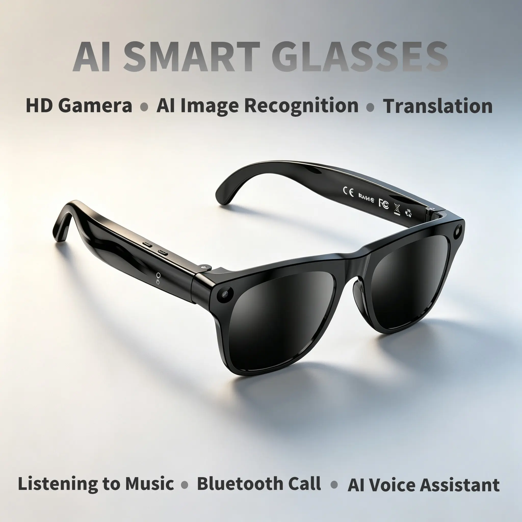 2026 new AI smart glasses, HD camera for taking photos, anti shake recording for videos, support AI translation, image recognition, voice assistant, blue open earphone design, Bluetooth call music playback, travel and outdoor Vlog smart sunglasses