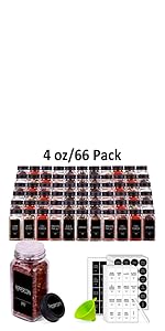 25 Spice Jars with 547 Labels- Glass Spice Jars with Black Metal Caps, 4oz Empty Spice Containers with Shaker Lids, Funnel, Chalk Pen, Square Seasoning Bottles for Spice Rack, Drawer, Cabinet