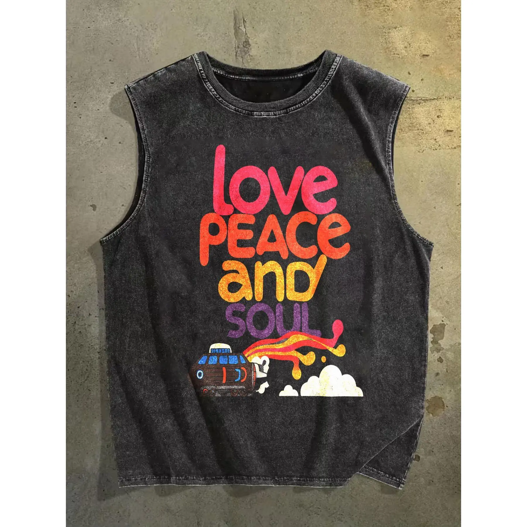 Unisex Retro Washed Black Round Crew Neck Sleeveless Oversized Tank Top - Vibrant Multi-Color Bubble Font Peace Love Soul Letters, Cartoon Hippie Van Rainbow Cloud Art, Distressed Casual Outdoors Street Vest for Men, Women, Graphic, Peace Love Soul Text