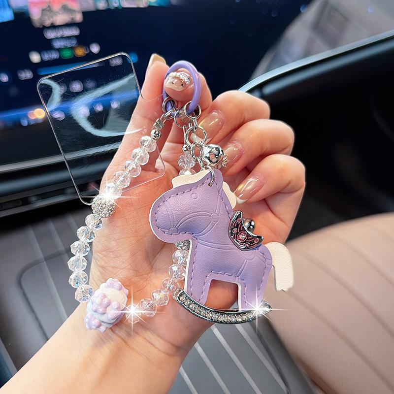 Viral Bling Leather Rocking Horse Keychain, Cute Rhinestone Pony Bag Charm, Luxury Car Key Ring Accessory for Women
