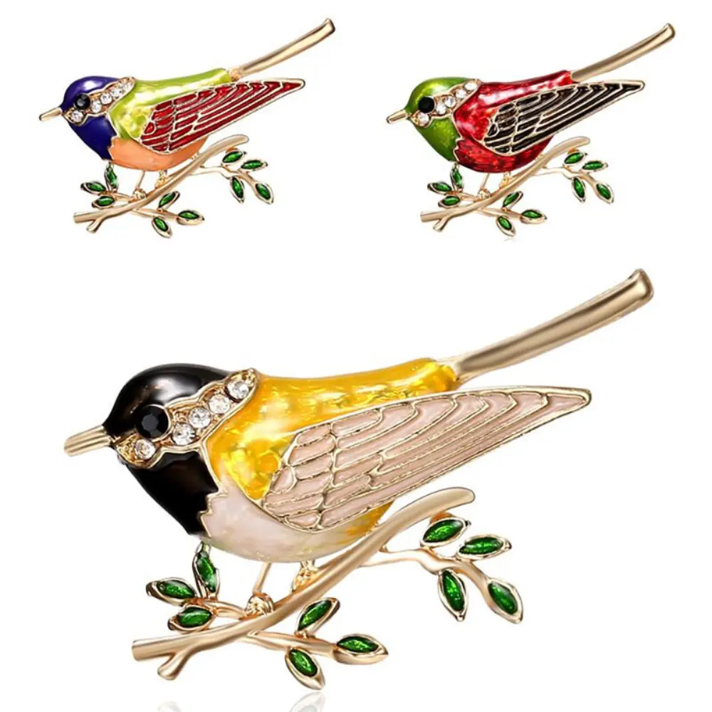 3 Colors Enamel Bird on Branch Brooch Green Rhinestone Leaf Gold Tone Animal Lapel Pin Suit Coat Forest Jewelry Gift