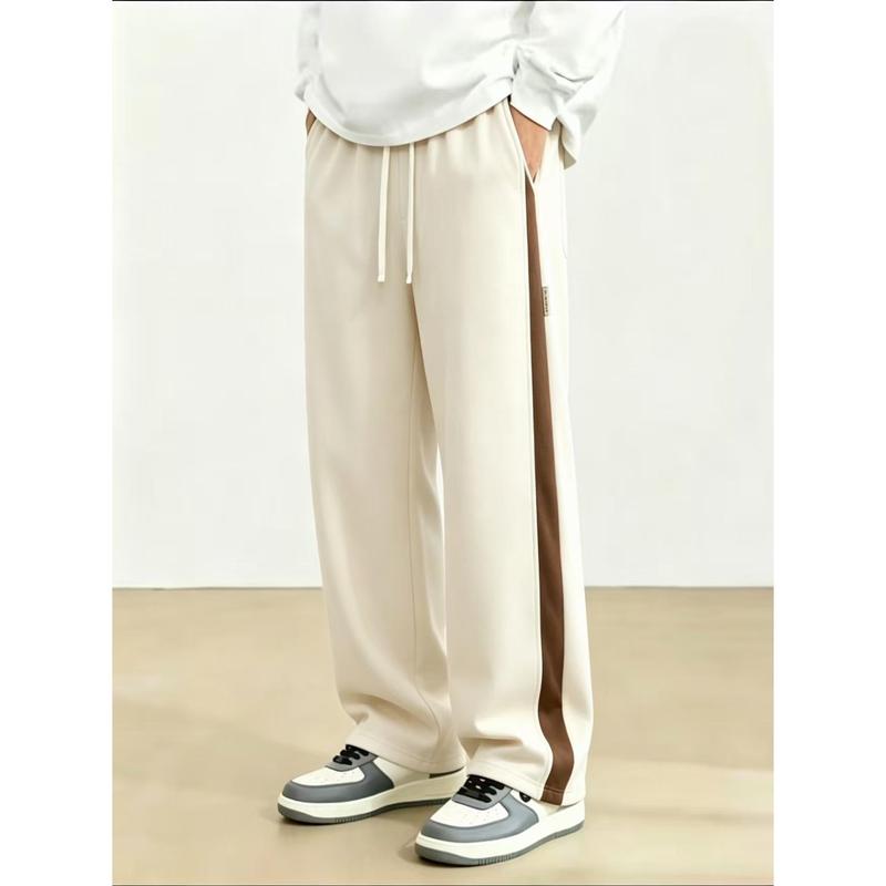 Men's Loose Cut Universal Sport Joggers - Male Clothing with Elastic Drawcord Waist, Contrast Stripes, Decorative Side Labels, Soft Fabric for Urban Street Daily Casual Wear
