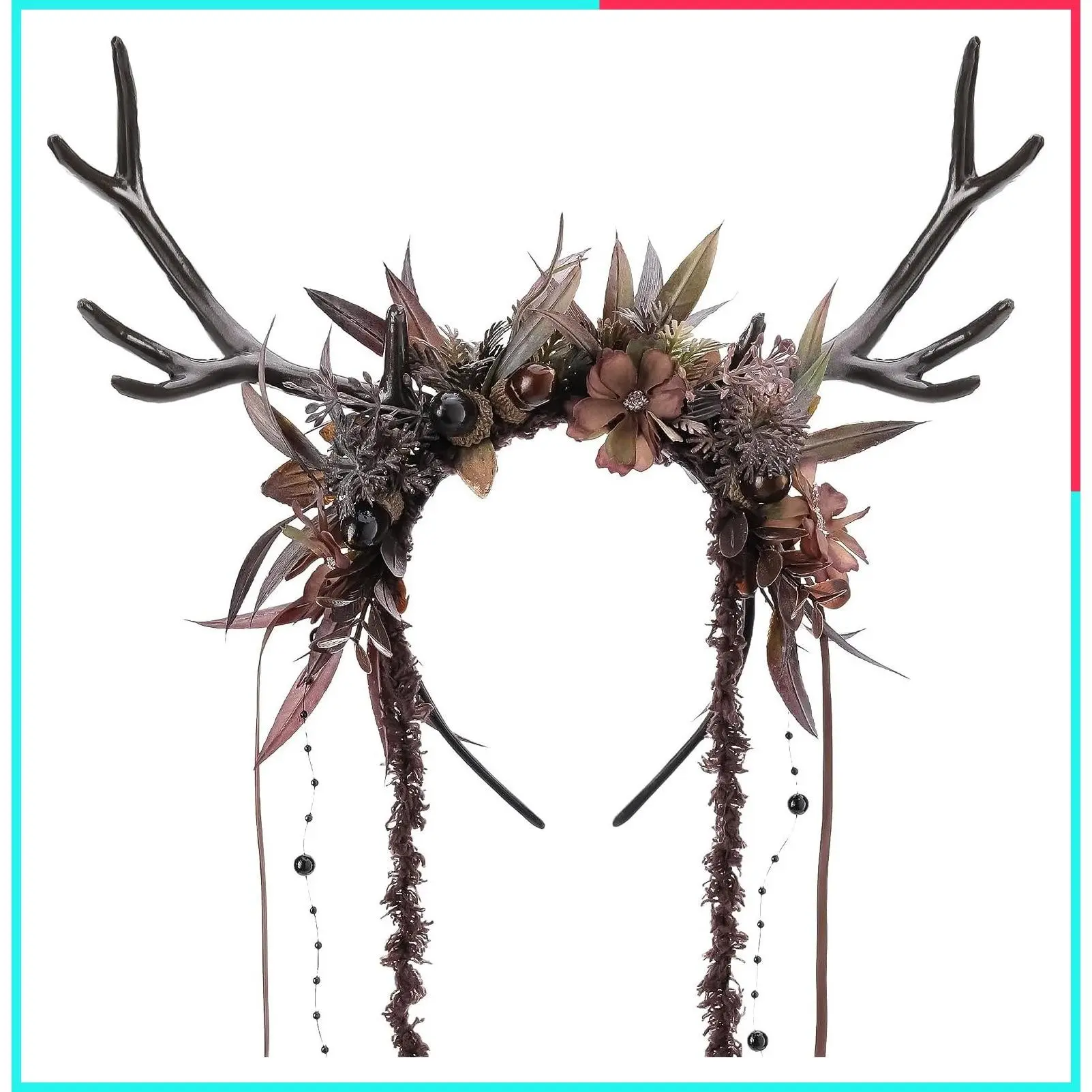 Women's Floral Antler Headband - Flower Reindeer Headpiece Woodland Deer Horns Hairband for Renaissance Cosplay