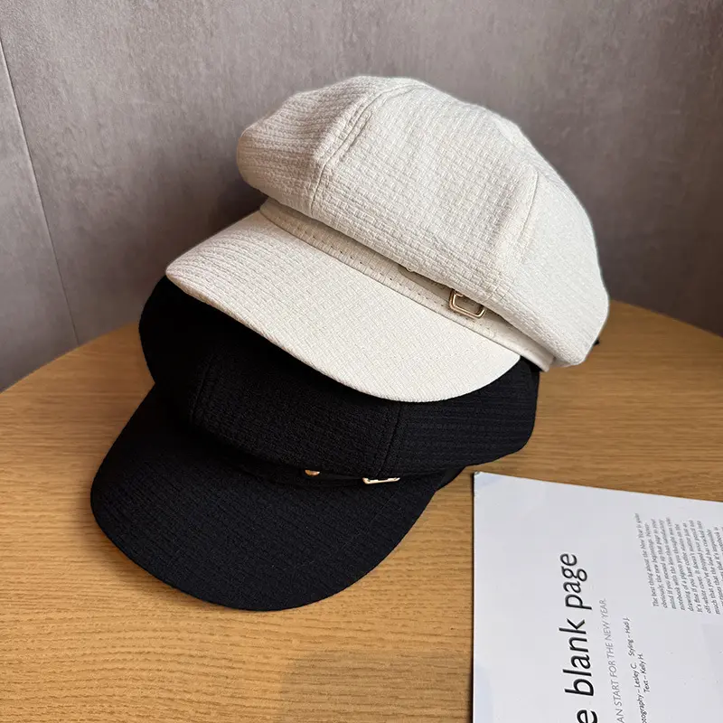 Womens baker boy hat textured newsboy hats vintage cabbie cap metal buckle retro fashion painter hats casual outdoor street clothing wear autumn winter caps black white styling nice gifts