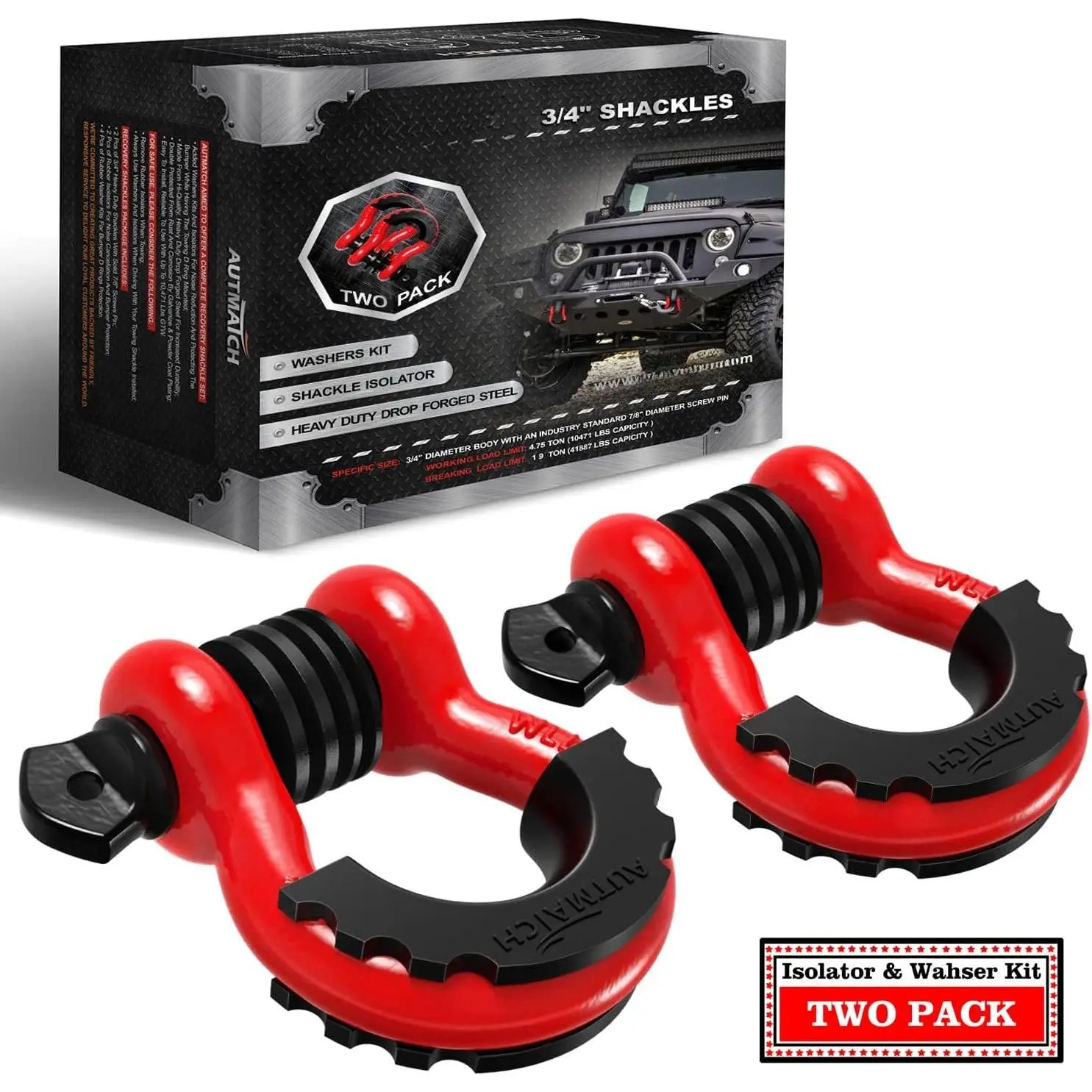 3/4" D Ring Shackles (2-Pack) - 41,887 lbs Break Strength | Clevis Shackle with 7/8" Pin & Isolator Washer Kit for Tow Strap, Winch, Towing & Off-Road  , Red & Black