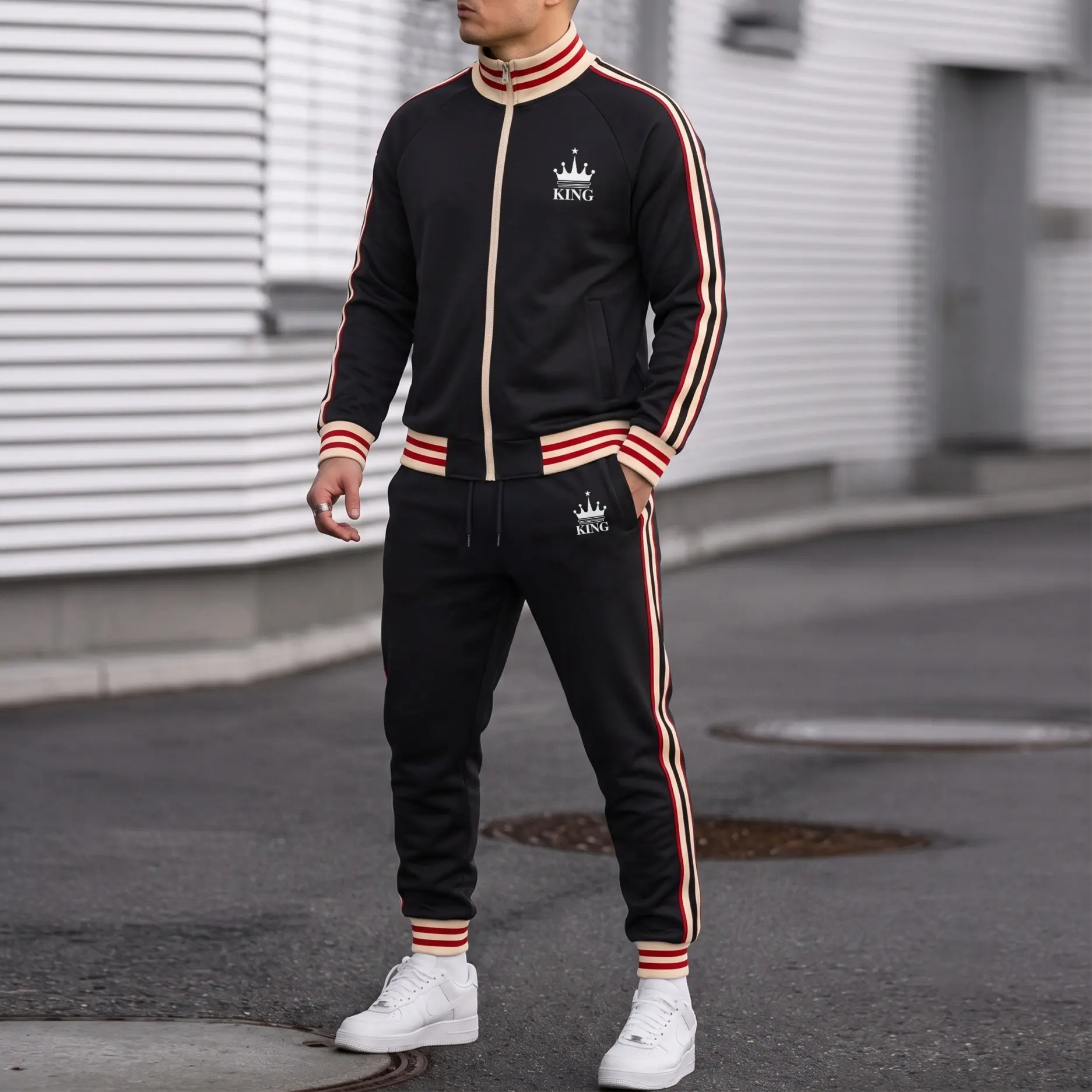 Men’s KING Crown Graphic Tracksuit Set, Retro Stripe Zip Stand Collar Jacket and Drawstring Jogger Pants, Casual Athletic Two-Piece Streetwear Outfit for Travel, Workout, Walking and Daily Wear