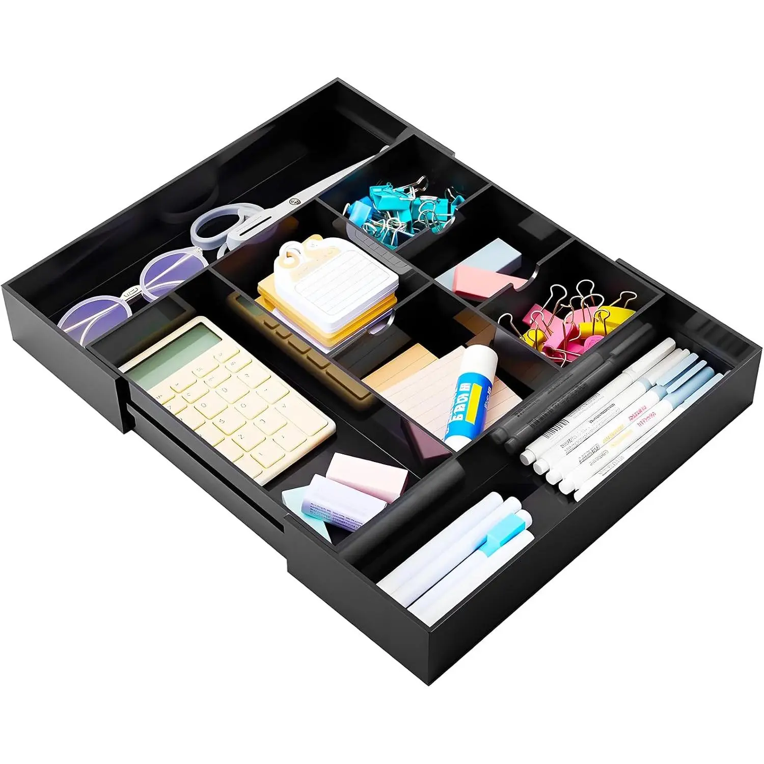 Black  Drawer Organizer Expandable,8 Compartments,Large | 9'' up to 18'' x 12'' x 2.1'' Desk Drawer Organizer Trays Adjustable with Desk Accessories for Makeup Office Bathroom