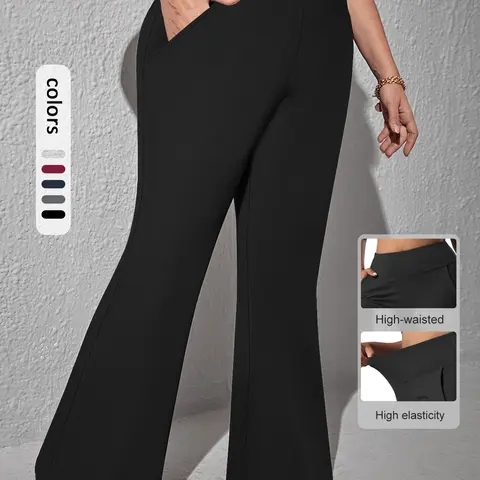 【Plus Size】 Solid High Waist Flare Leg Leggings, Casual Comfy Breathable Bell Bottom Skinny Trouser for Daily Wear, Women's Bottoms for Fall & Winter