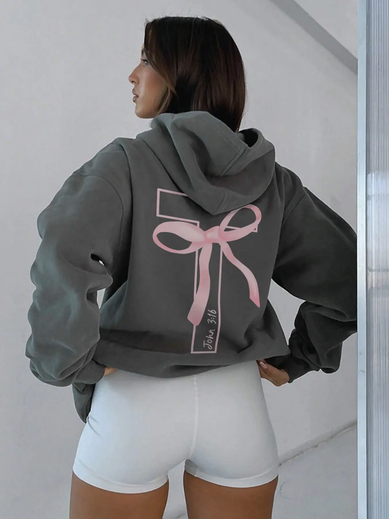 Women's Cross Bowknot Print Long Sleeve Casual Oversized Hoodie Sweatshirts with Pockets, Comfortable Loose Fit, Fashion Versatile Sports Wear, Perfect Christian Top