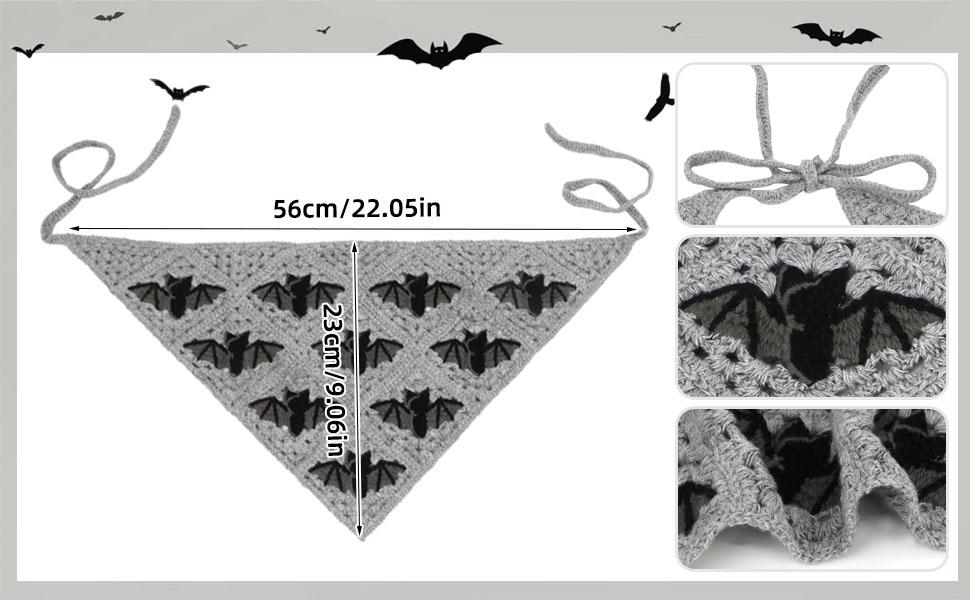 Gothic Crochet Headbands Bat Pattern Bandana for Women, Cotton Knit Triangle Headband Greyscale Halloween Style Head Scarf Christmas Vintage Crochet Hair Styling Decor