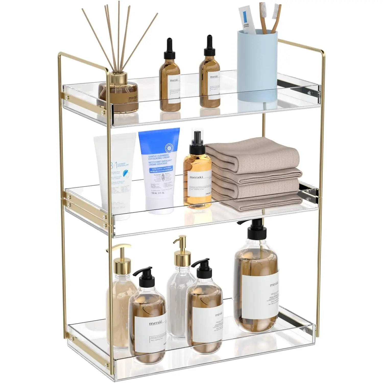 Bathroom Countertop Organizer, 3 Tier Acrylic Tray Vanity Counter Skincare Organizer Shelf, Kitchen Under Sink Standing Rack, Home Storage Holder for Lotion Makeup Cosmetics Perfume Spice, Gold Vanity Counter