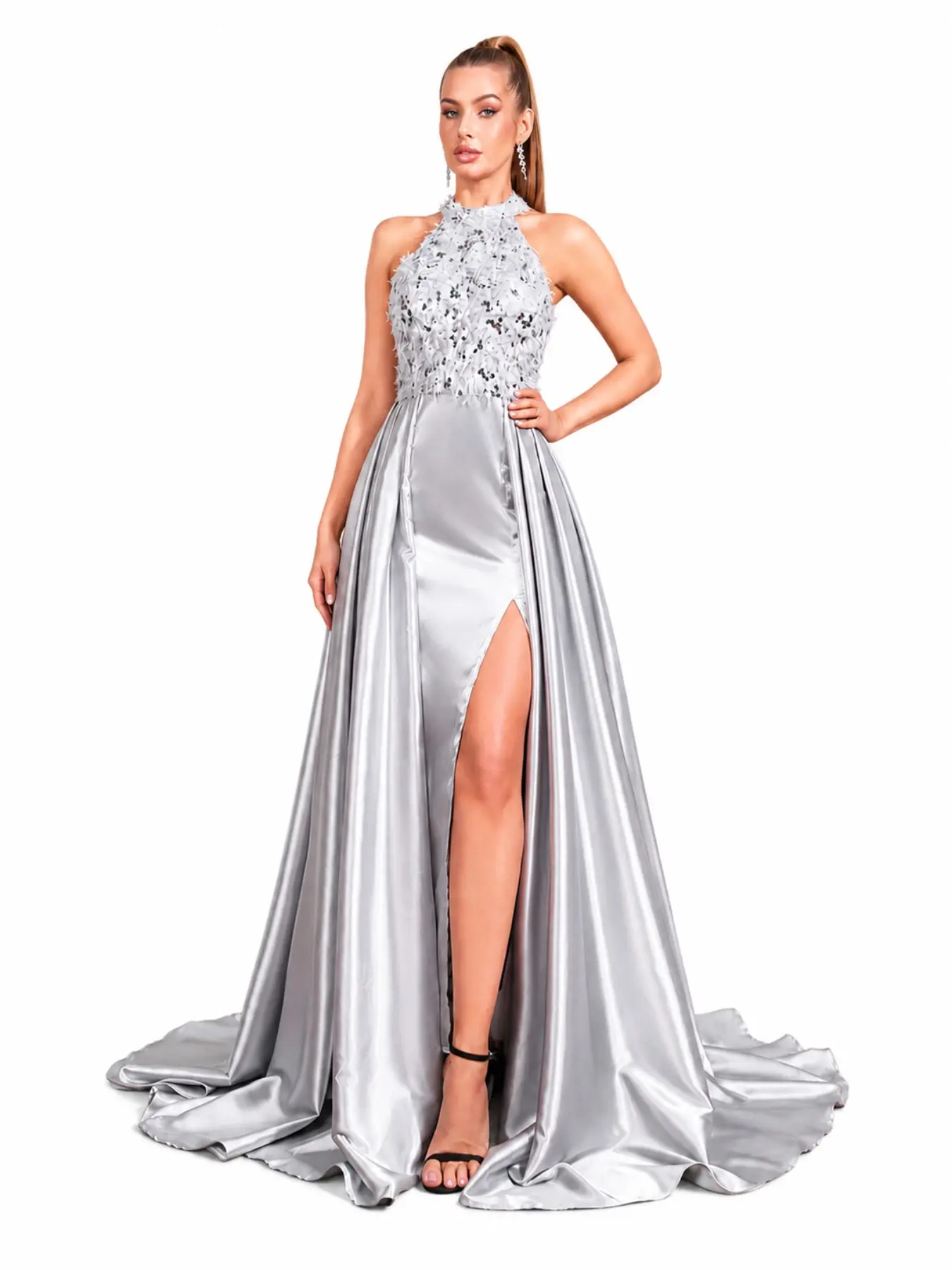 Silver Color Satin Evening Gown, Halter Neck Faux Fur Sequined Top, High Split Flowing Train Dress, Elegant Women's Formal Attire