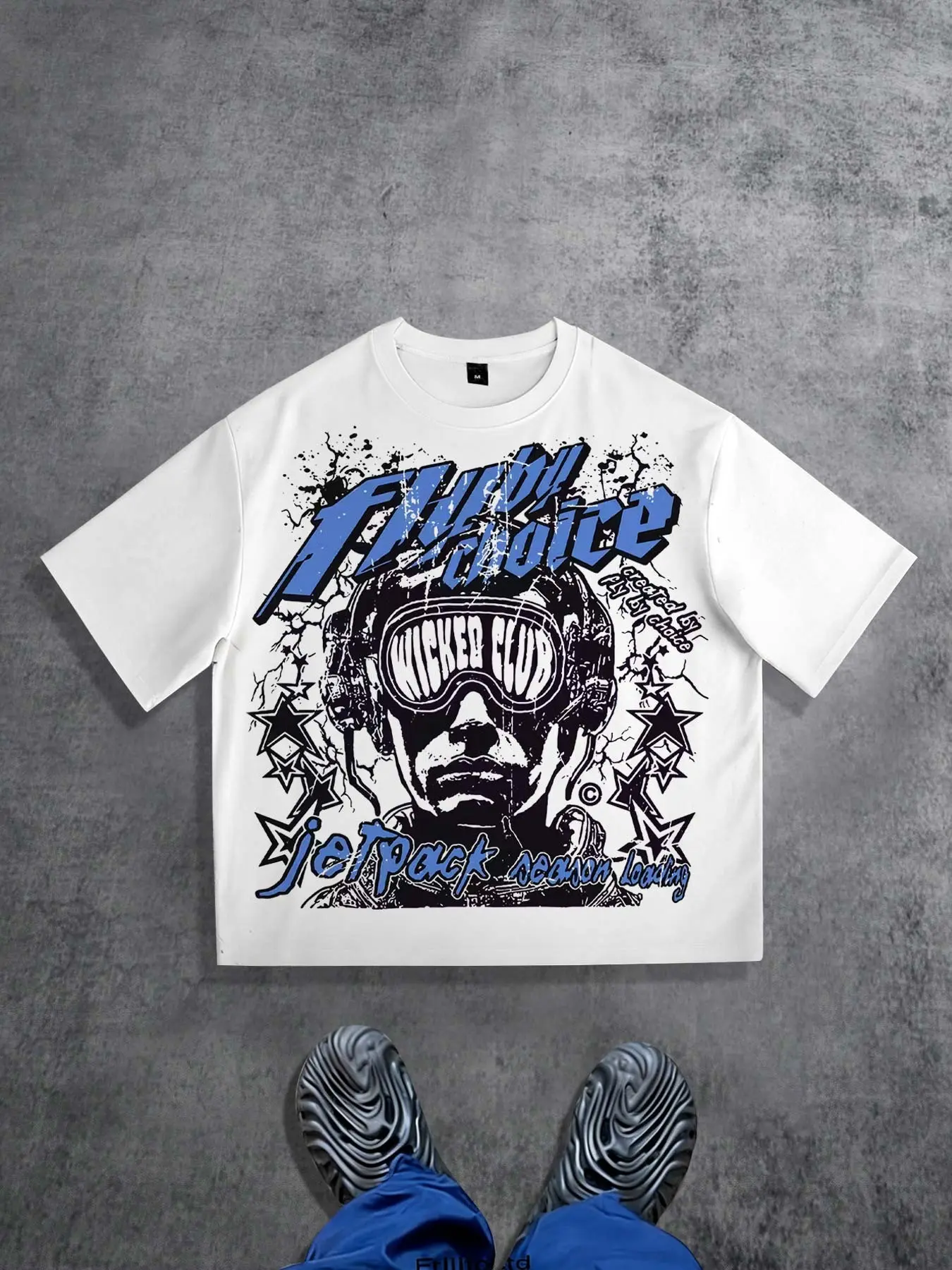 Fly by Choice Men's Short-Sleeve Cotton Pilot T-Shirt, Unisex, Y2K High Street Hip Hop Retro Print Crew Neck Short-Sleeve Men's T-Shirt, Summer Style, Goggles, Portrait, Star Pattern, Casual Top, American Style Short-Sleeve Men's T-Shirt