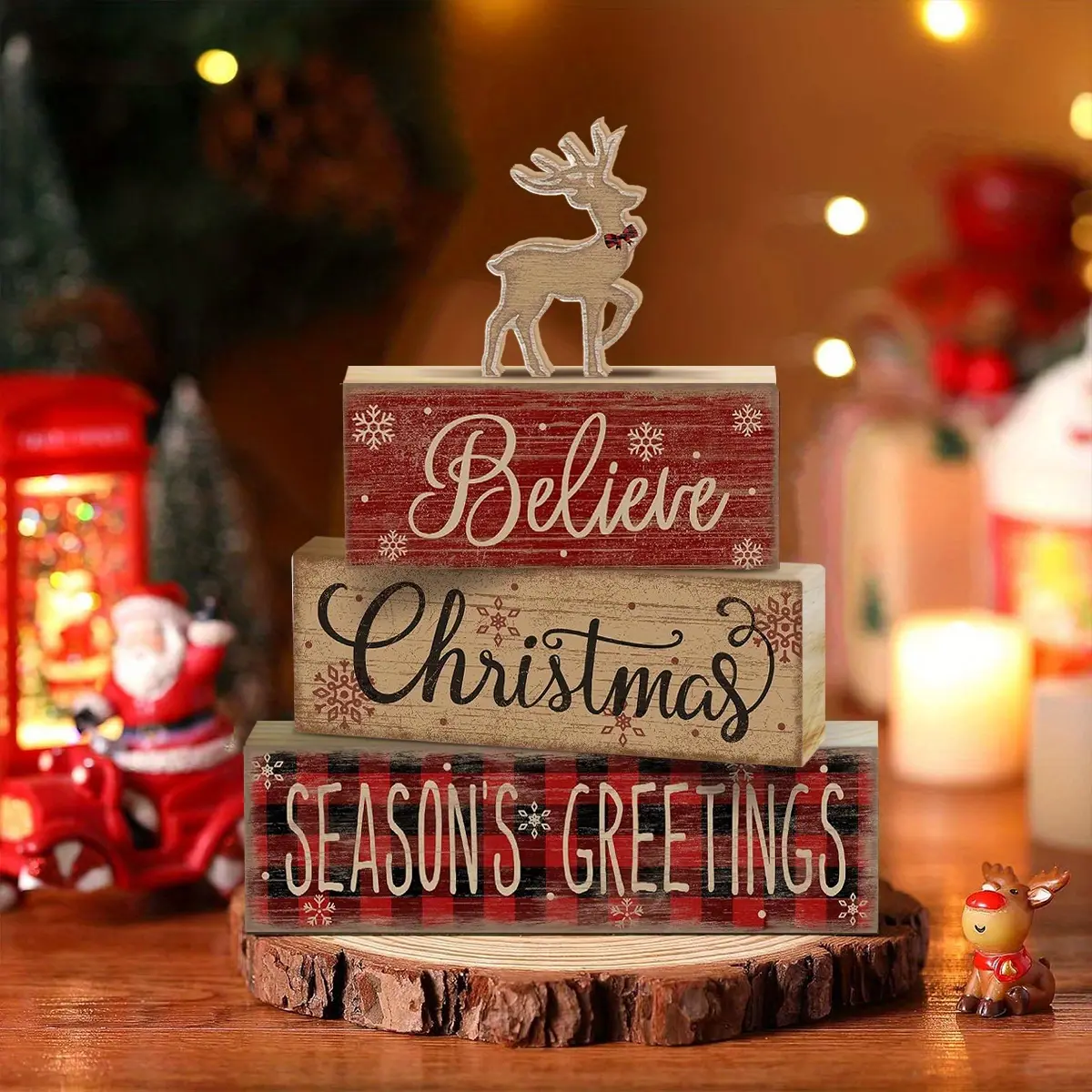 Set of 4 Rustic Wooden Christmas Table Decorations, including nativity scene, gingerbread man signs and block signs. Tiered tray ornaments for home kitchen, farmhouse winter styling and holiday decor.