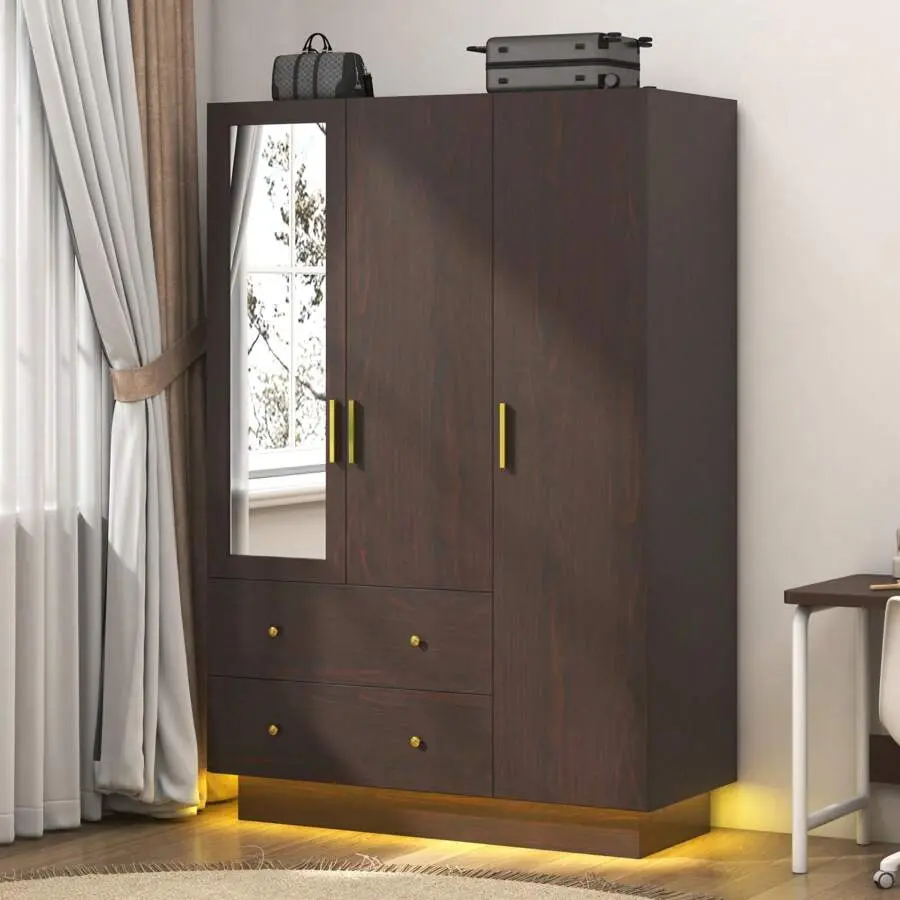 3 Doors Wardrobe Closet With Mirror & LED Lights, Bedroom Armoire With Drawers & Shelves, Modern Wooden Armoire Wardrobe Closet With Hanging Bedroom,Brown