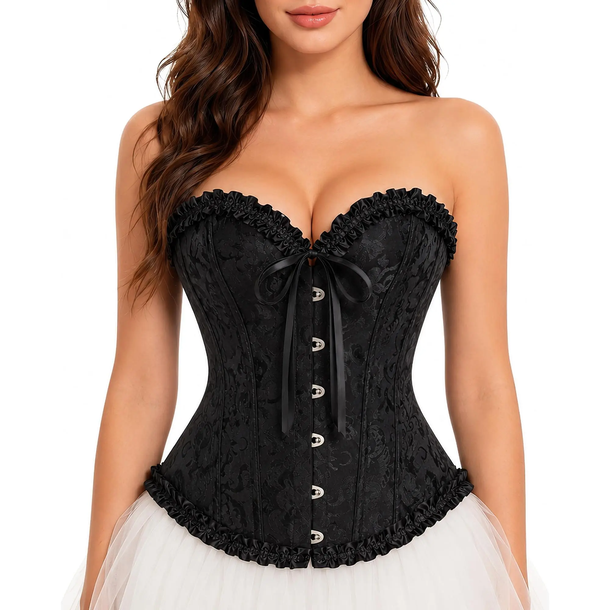 Women's Overbust Corset Top Lingerie - Floral Lace Renaissance Bustier, Steampunk Victorian Waist Cincher Fabric, Formal Nightwear Accessories for Halloween Gothic Costume, Jeans, Pajama, Garment, Sheer, Soft, Clothes, Casual, Polyester, Accessory