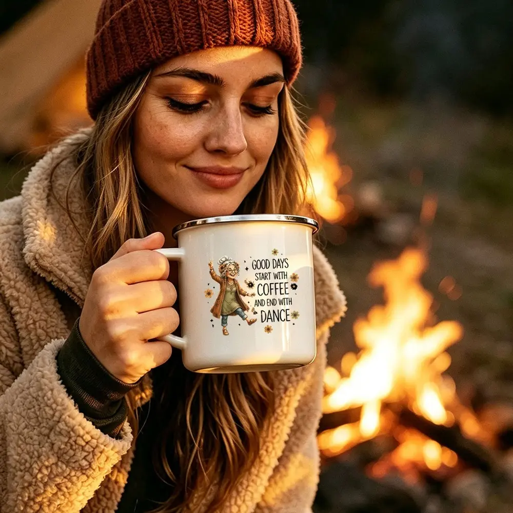 12oz Retro Camping Enamel Mug Portable Outdoor Travel Coffee Cup Durable Camp Drinkware Home Decoration Gift for Van Life RV Camping Lovers Hiking Backpacking Road Trip Backyard Camping Cup