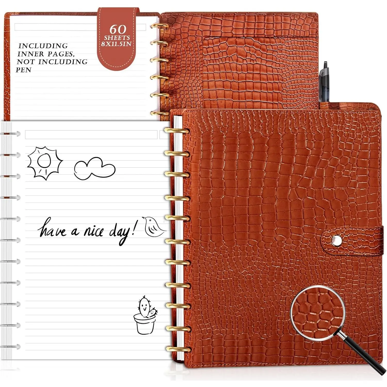 PU Leather Discbound Notebook Letter Size 8.5" x 11" Wide Ruled 60 Sheets Refills Leather Cover Discbound Notebook and Disc Set Discbound Planner Notebook Customizable Notebook Spiral Journal Note