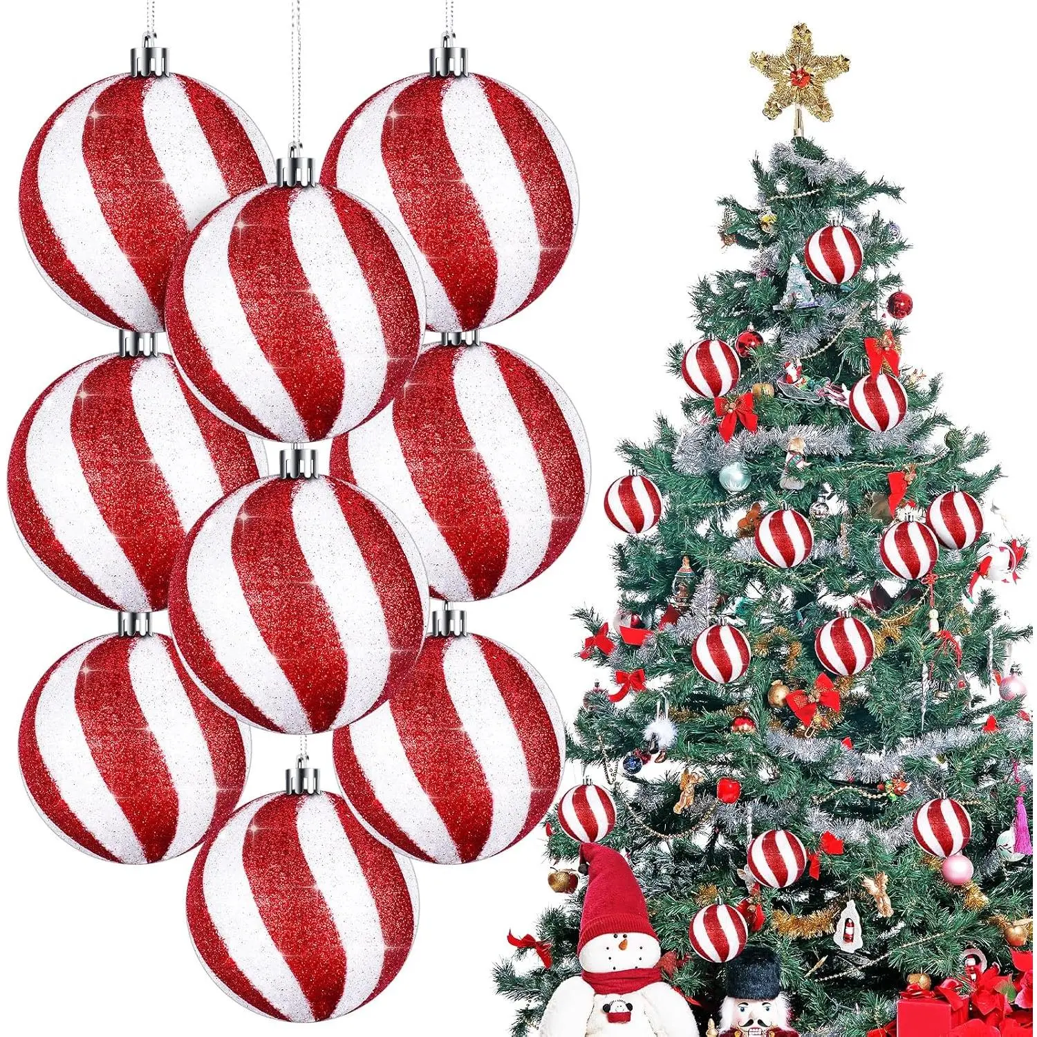 12 count 3.15 Inch Christmas Ornament Glitter Balls,White and Red | Shatterproof Plastic Baubles, Peppermint Stripes Design, For Xmas Tree  Ornaments, Indoor Holiday Party Decor