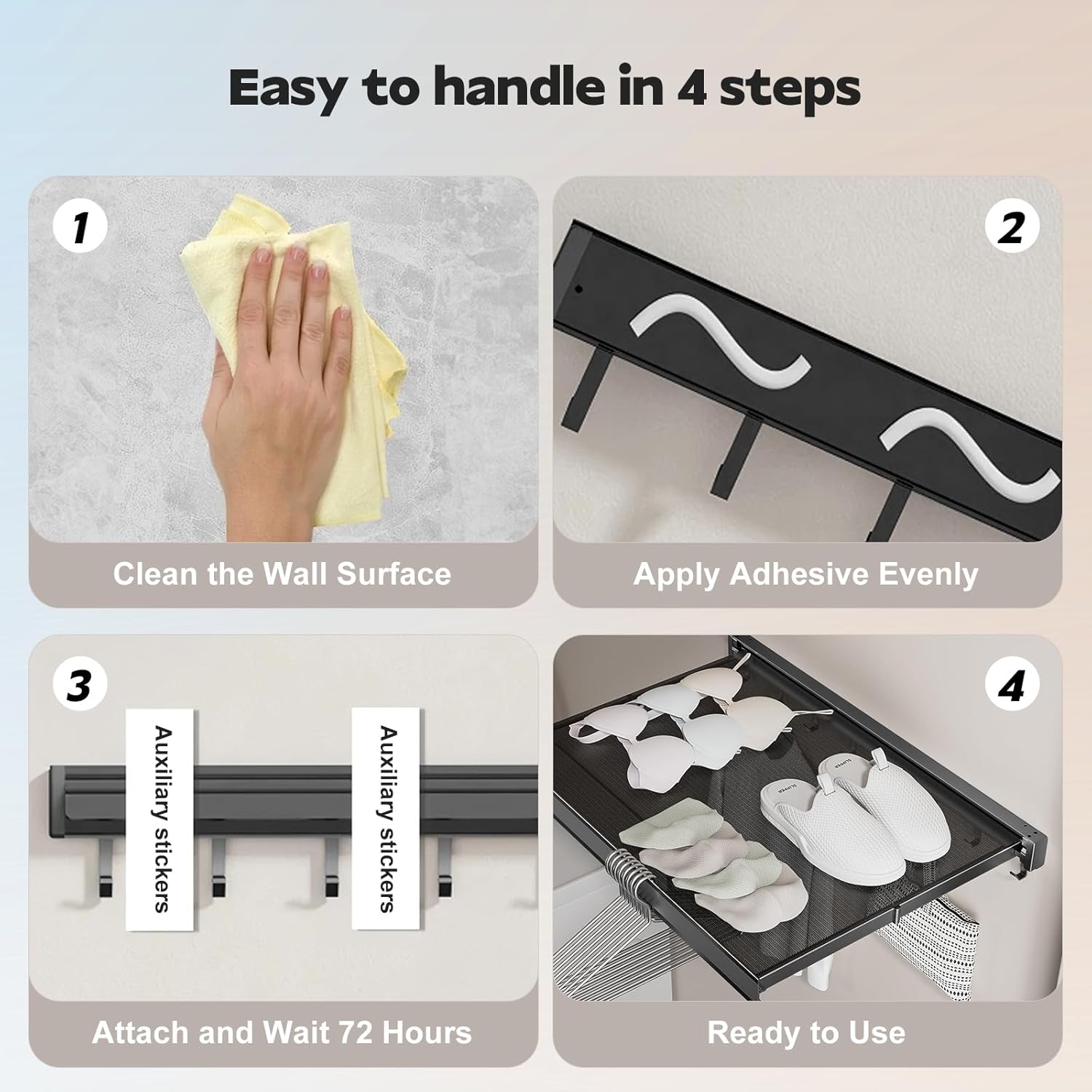 Space Saving Wall Mounted Towel Rack, Foldable Aluminum Towel Bar with Mesh Design, Rustproof with 6 Removable Hooks, No Drill Installation for Bathroom Balcony Laundry