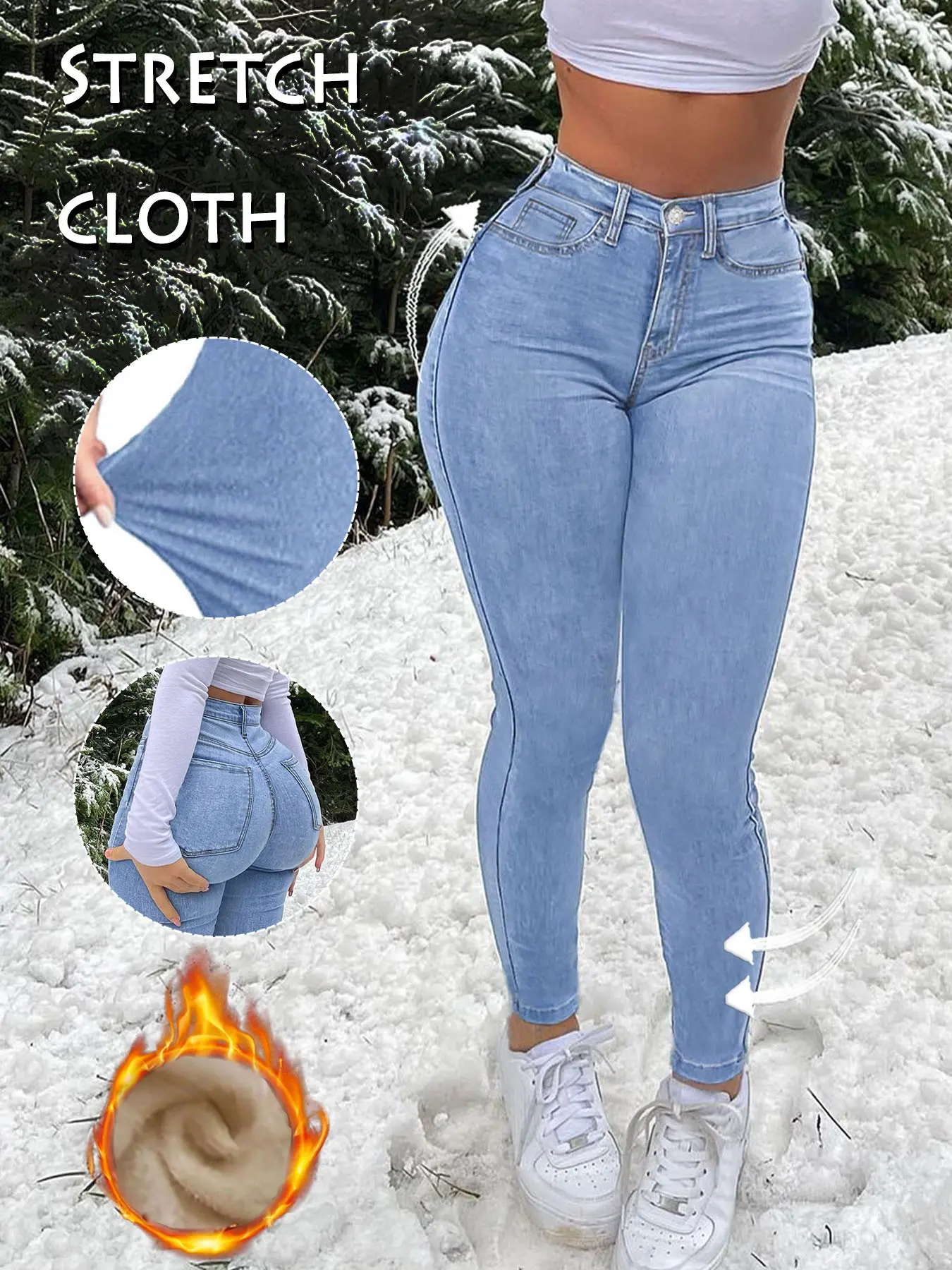 GILIPUR Women Color Warm Fleece Lined Skinny Denim Pants, High Rise High Waist Stretch Medium Hip Lift Slim Leg Jean Trousers, Cold Weather Daily Casual Winter Outfit TChic