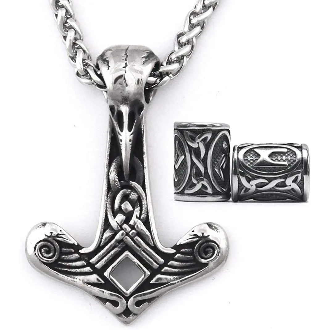 Norse  Raven Skull Necklace Stainless Steel Thor Hammer Mjolnir  for Men Women,  Beard Beads